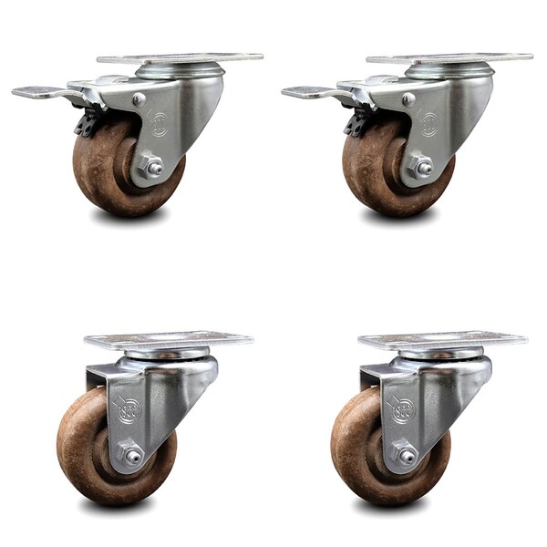 3 Inch High Temp Glass Filled Nylon Top Plate Caster Total Lock Brakes SCC, 2PK